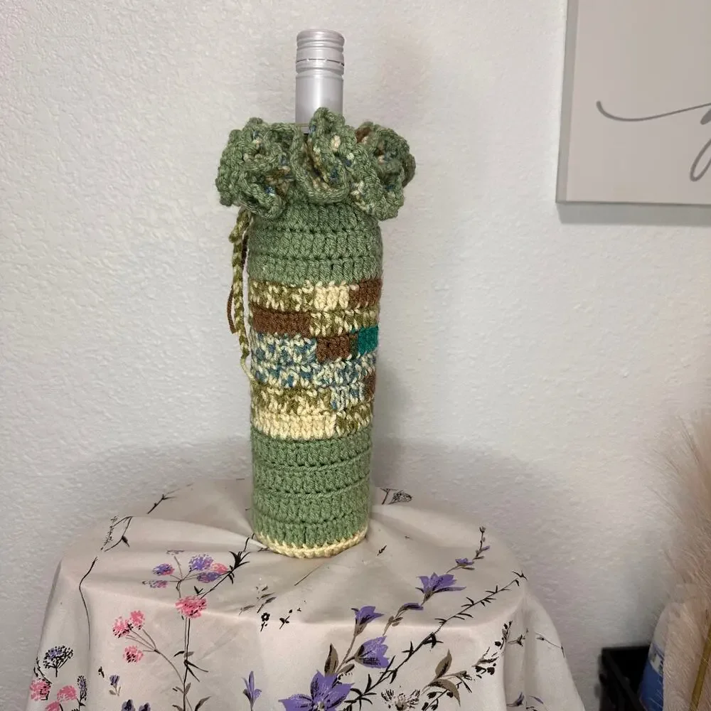 Handmade Crotchet Ruffled Wine Bottle Holder with Drawstring